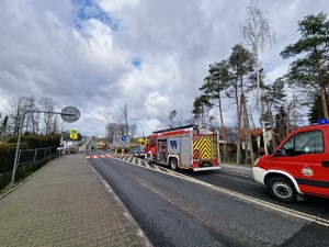Zdjęcie przedstawia wozy strażackie, radiowozy, karetkę przy oznakowanym przejściu dla pieszych.
